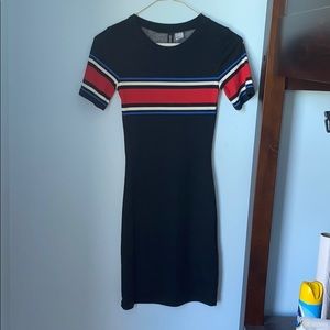 black bodycon dress with striped chest